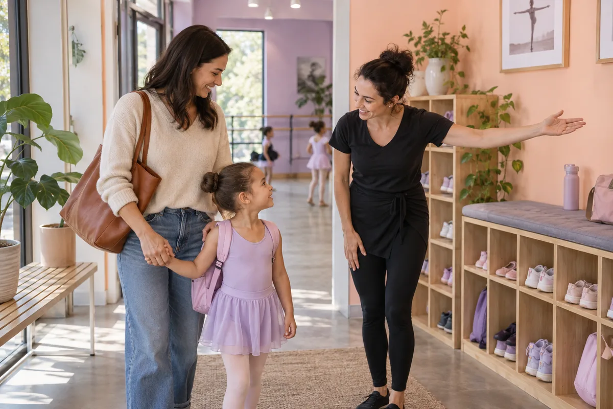 A parent and child getting ready in a bright recreation studio reception area.