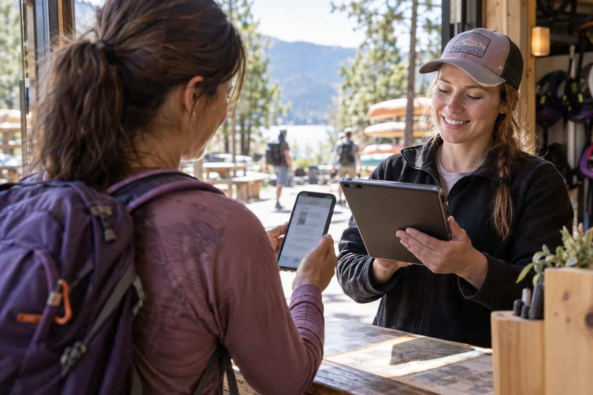 A guest showing a phone confirmation to a staff member at check-in.