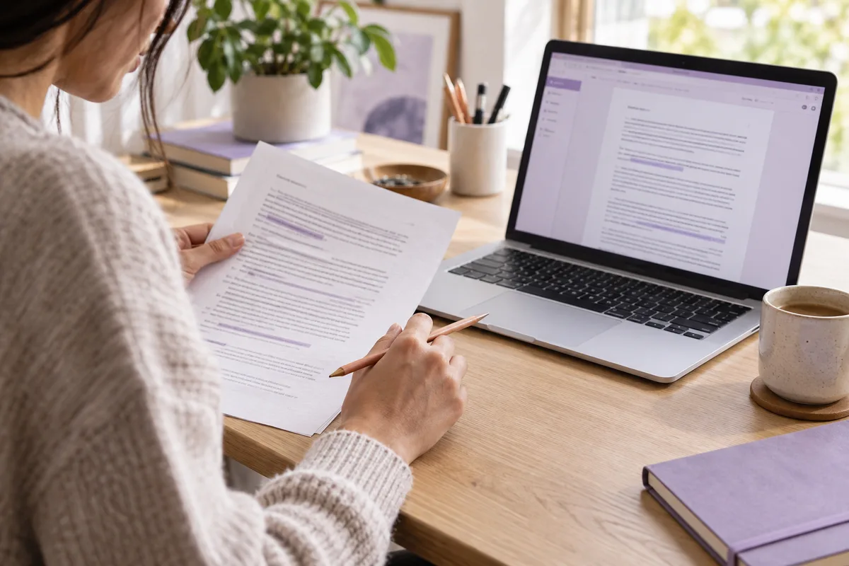 A person reviewing a printed draft against a document on a laptop.