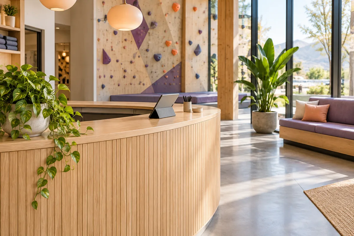 A bright recreation venue reception with a tablet ready to welcome guests.
