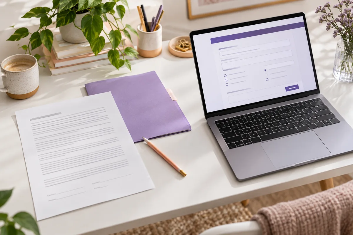A printed document and purple folder beside a laptop displaying a digital form.