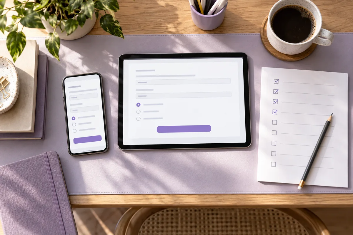 A phone and tablet displaying forms beside a printed testing checklist.