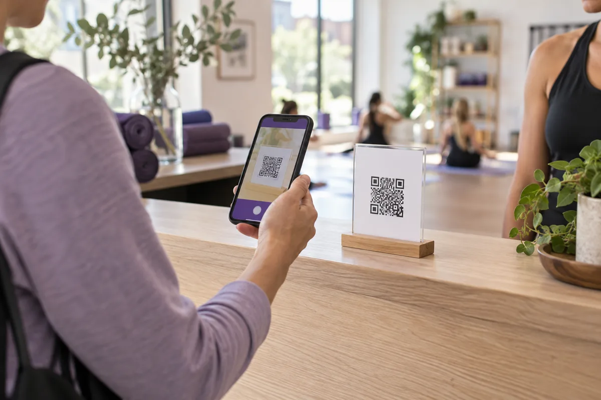 A smartphone held toward a QR sign on a recreation venue reception counter.