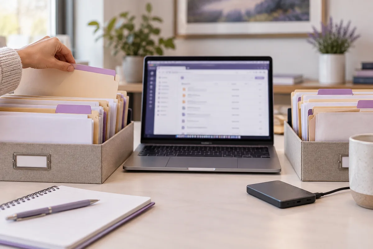 Paper archive folders being organized beside a laptop and portable drive.