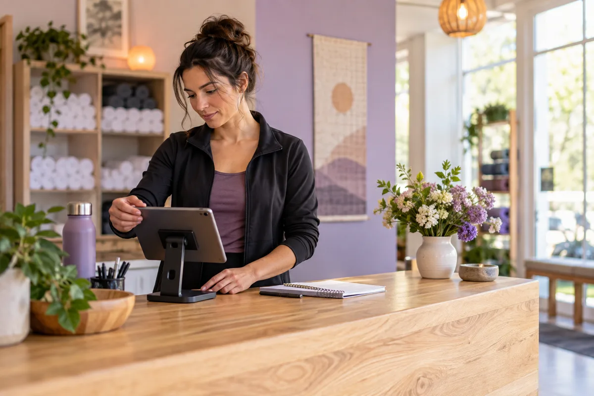 A staff member preparing a tablet at a welcoming, uncluttered front desk.