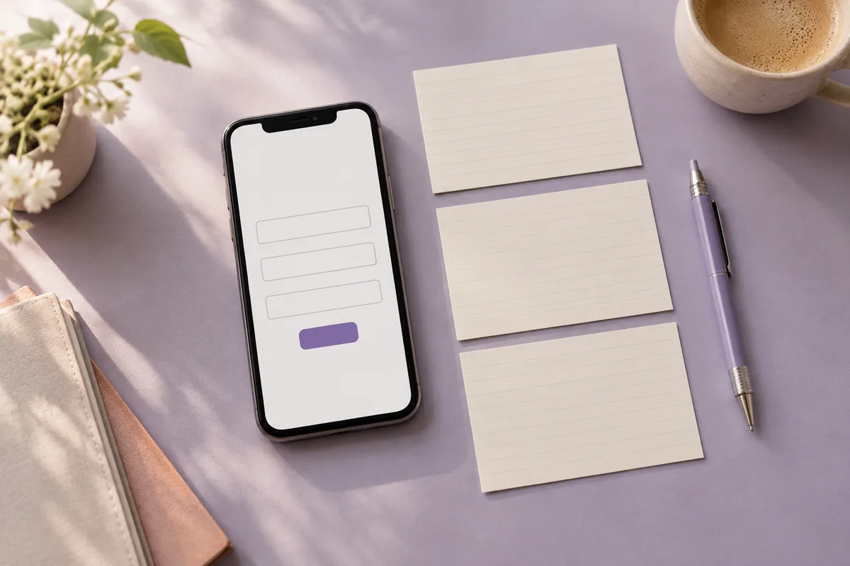 A smartphone with a short form beside neatly arranged planning cards.