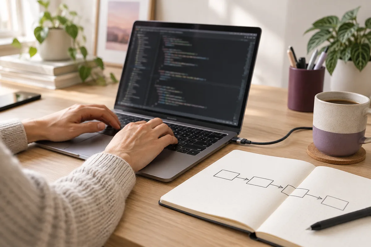A developer working at a laptop with a workflow sketch beside the keyboard.