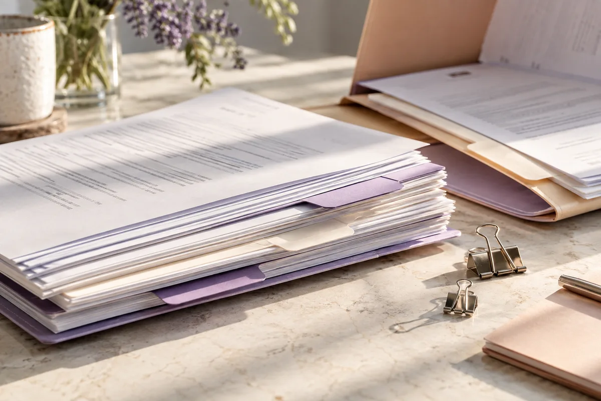 Neatly organized document versions separated by purple divider tabs.