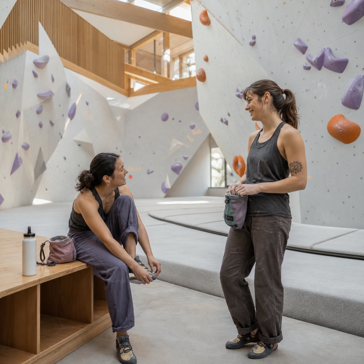 Climbers arriving beside a wall with purple and orange holds