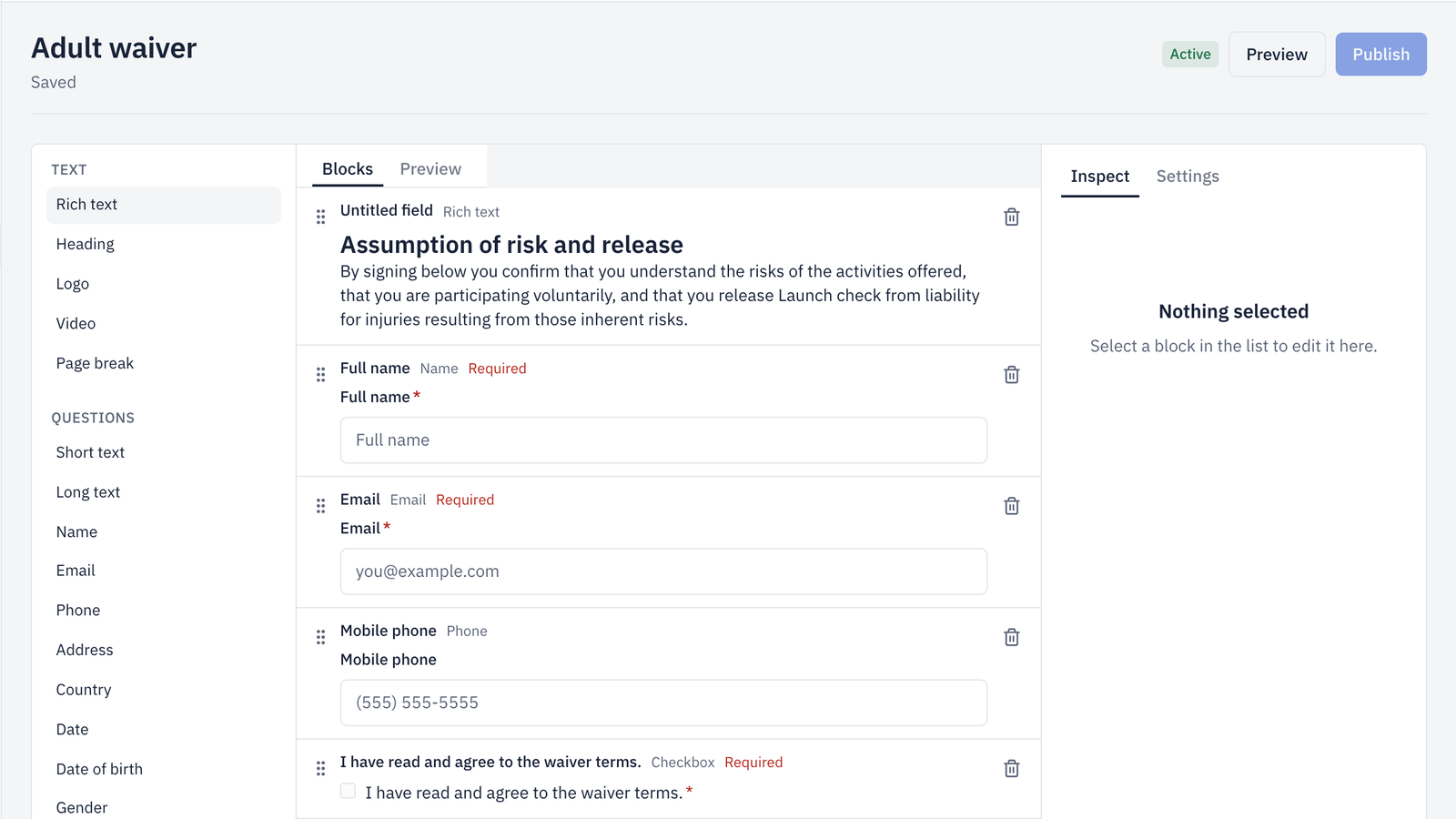 Waiver template builder with configurable form fields