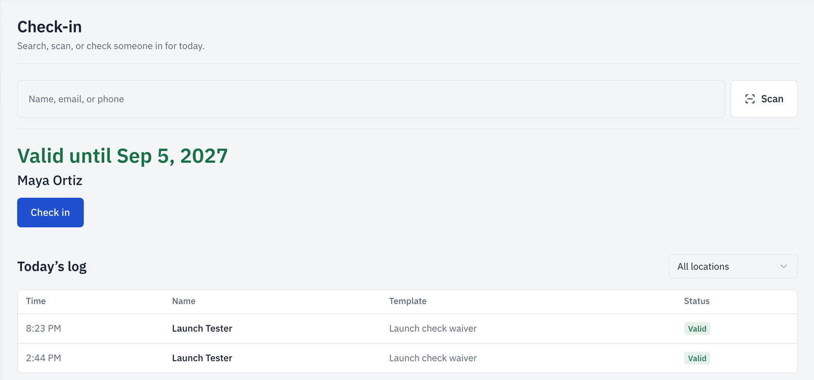 Participant check-in screen showing waiver status