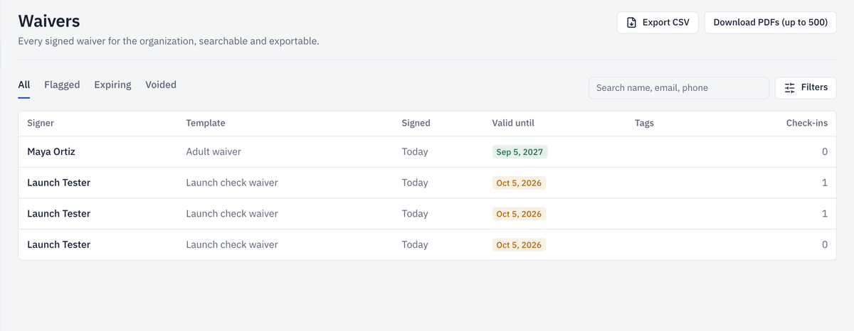 Signed waiver records in the dashboard
