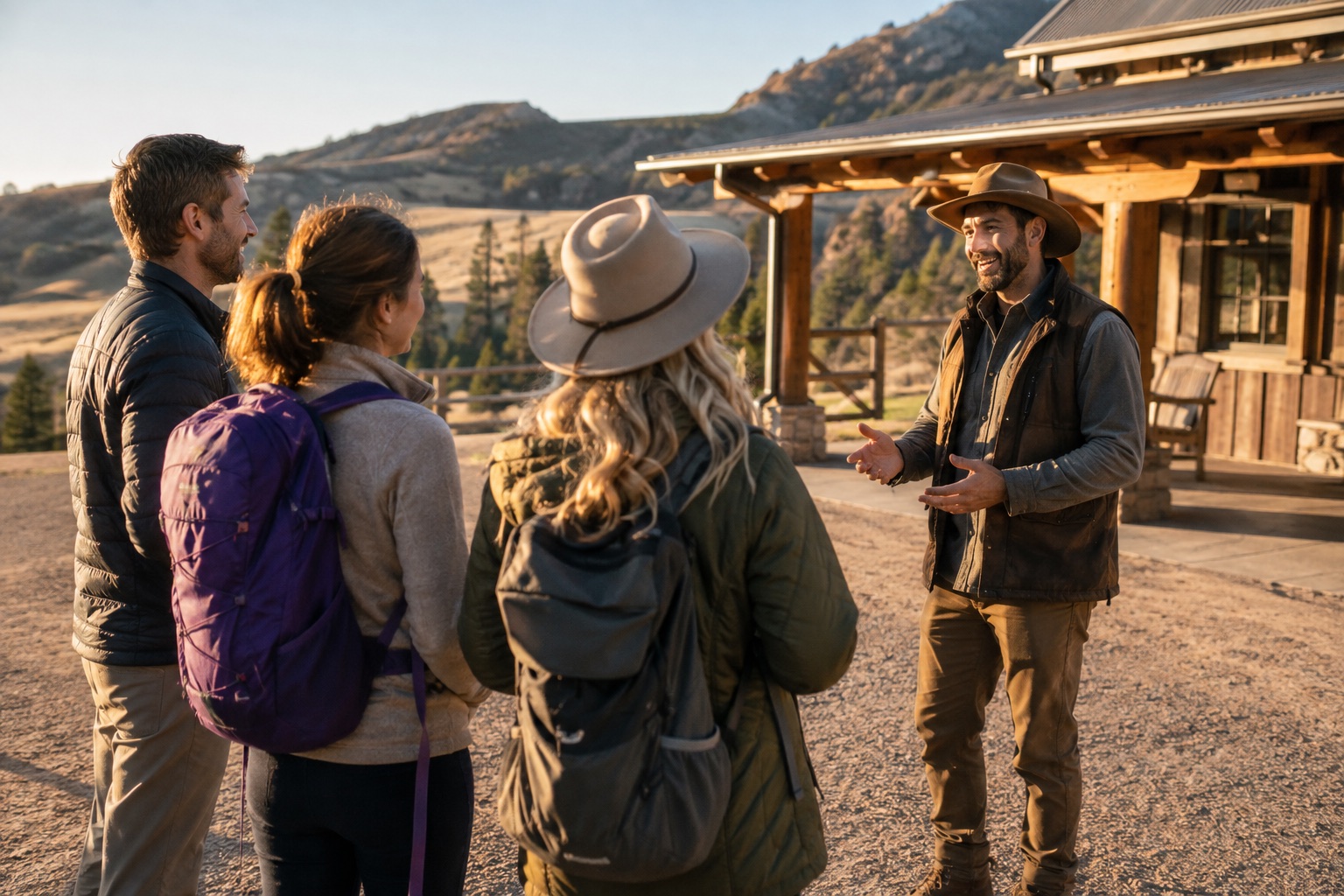 Adult guests meeting an outdoor guide beside a ranch lodge in warm afternoon light
